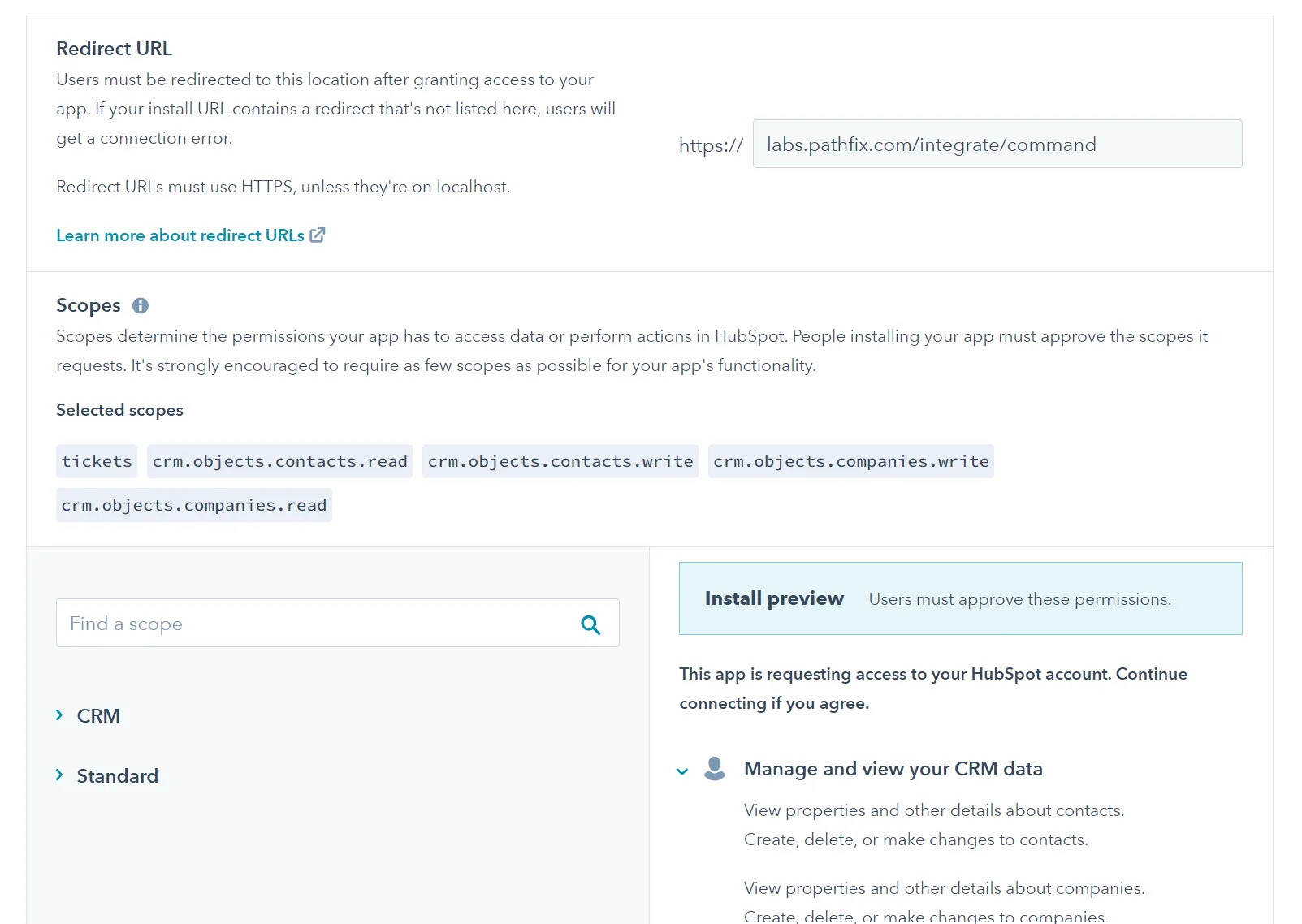 Image: Hubspot Redirect URL & Scope