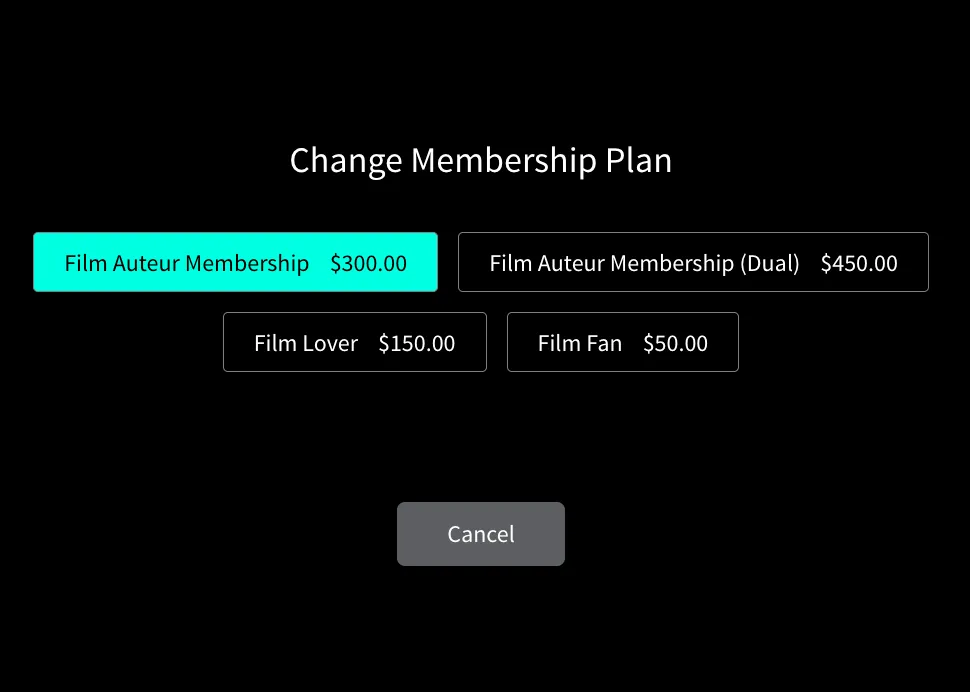 Screenshot of Change Membership Plan screen in the Box Office app