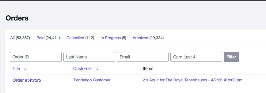 The orders section of the Filmbot admin.  An order shows 2 tickets purchased for The Royal Tenenbaums by Fandango Customer.