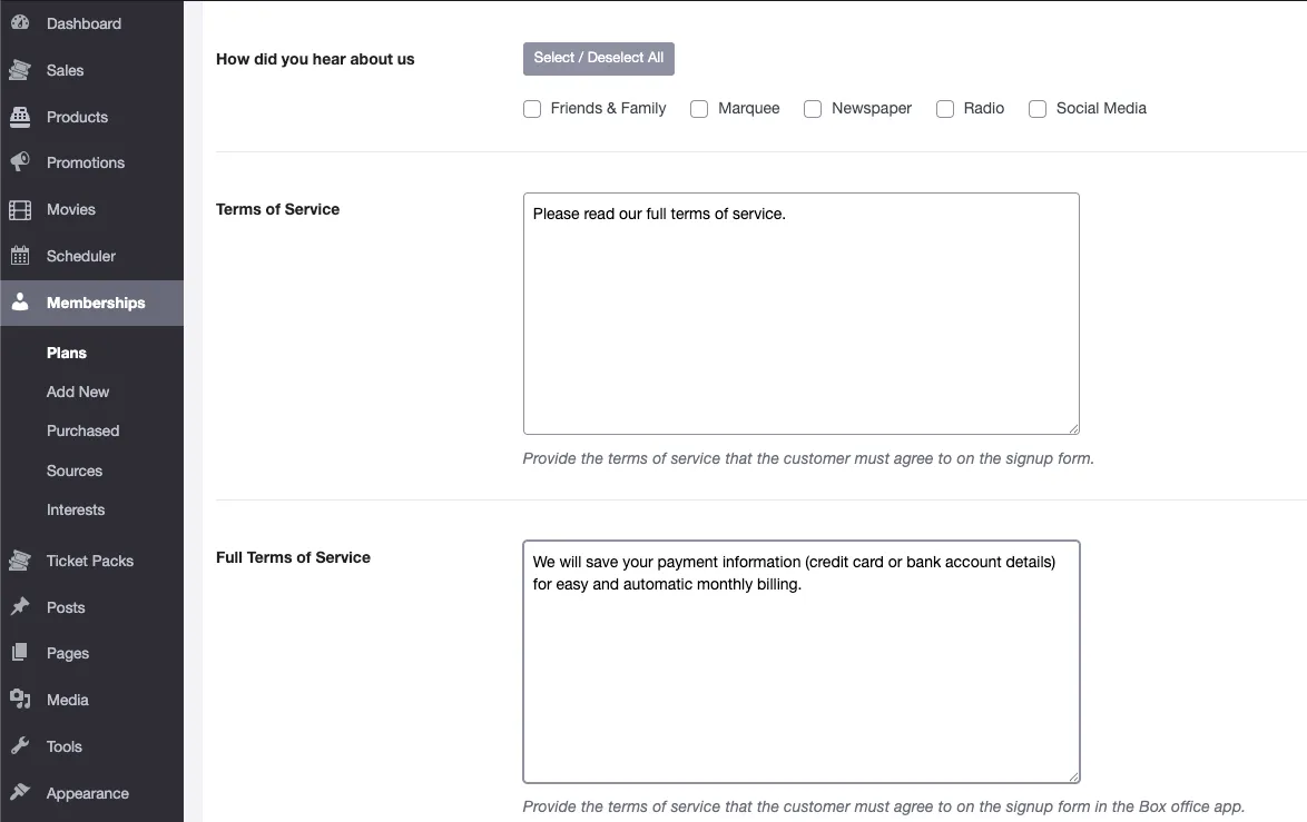 Terms of Service and Full Terms of Service fields in the membership plan editor in the admin Terms of Service and Full Terms of Service fields in the membership plan editor in the admin