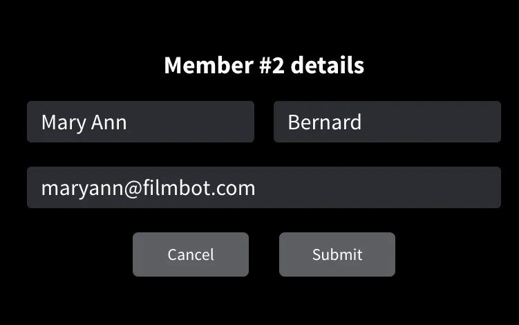 Screenshot of Member #2 details screen in the Box Office app featuring fields for First Name, Last Name and Email.  Two buttons (Cancel, Submit) appear below the Email field.