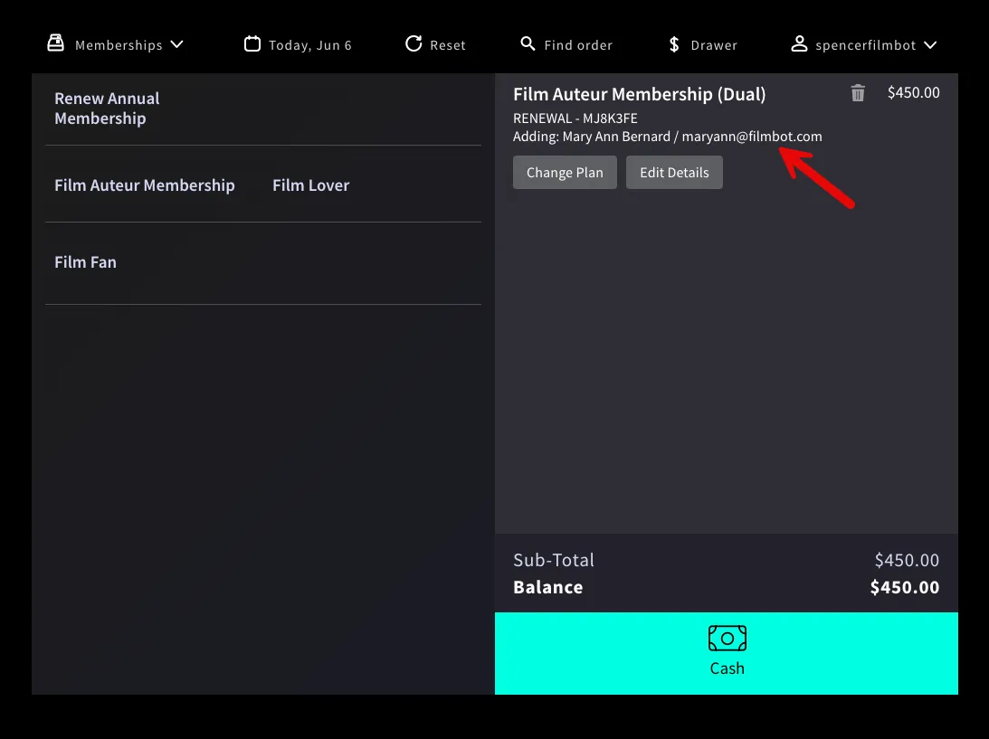 Screenshot of Box Office app emphasizing additional member details on the order page after adding them to a dual membership plan