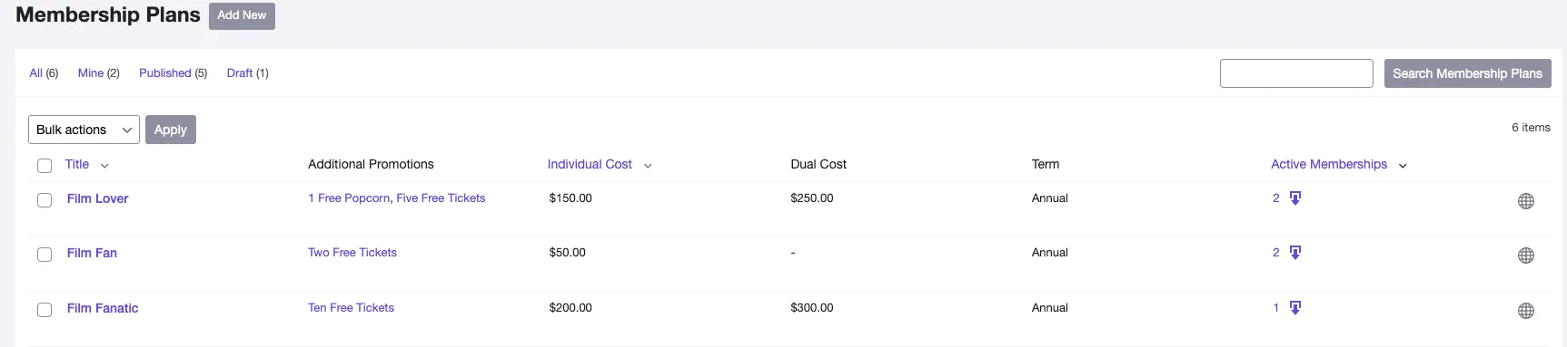 Screenshot of the Memberships > Plans page with three published plans Screenshot of the Memberships > Plans page with three published plans