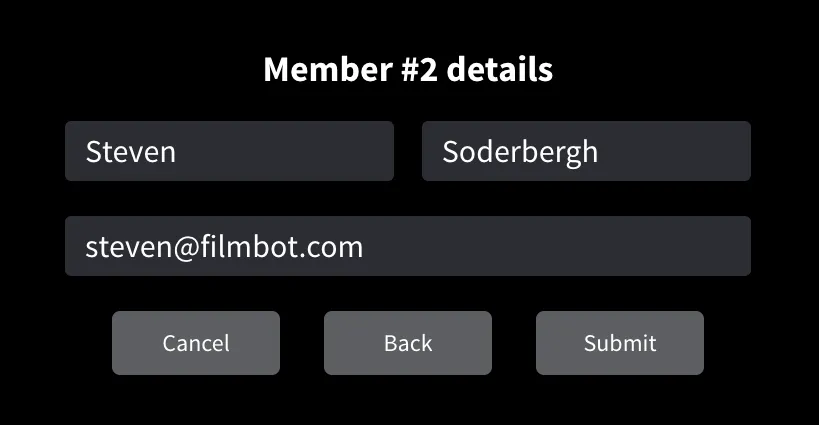 Screen featuring fields for First Name, Last Name and Email Address with a Member #2 heading Screen featuring fields for First Name, Last Name and Email Address with a Member #2 heading
