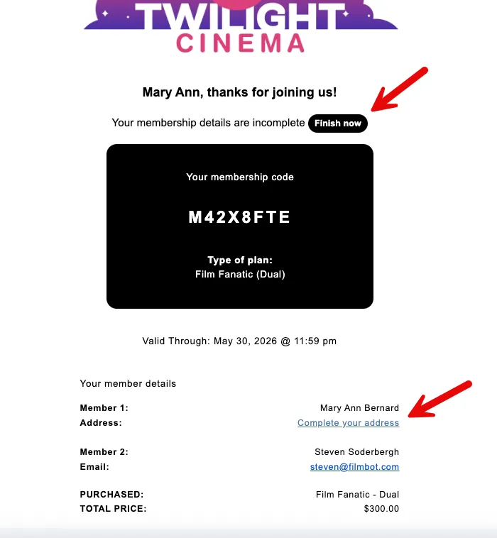 Confirmation email screenshot with arrows pointing out two links for completing membership plan details Confirmation email screenshot with arrows pointing out two links for completing membership plan details