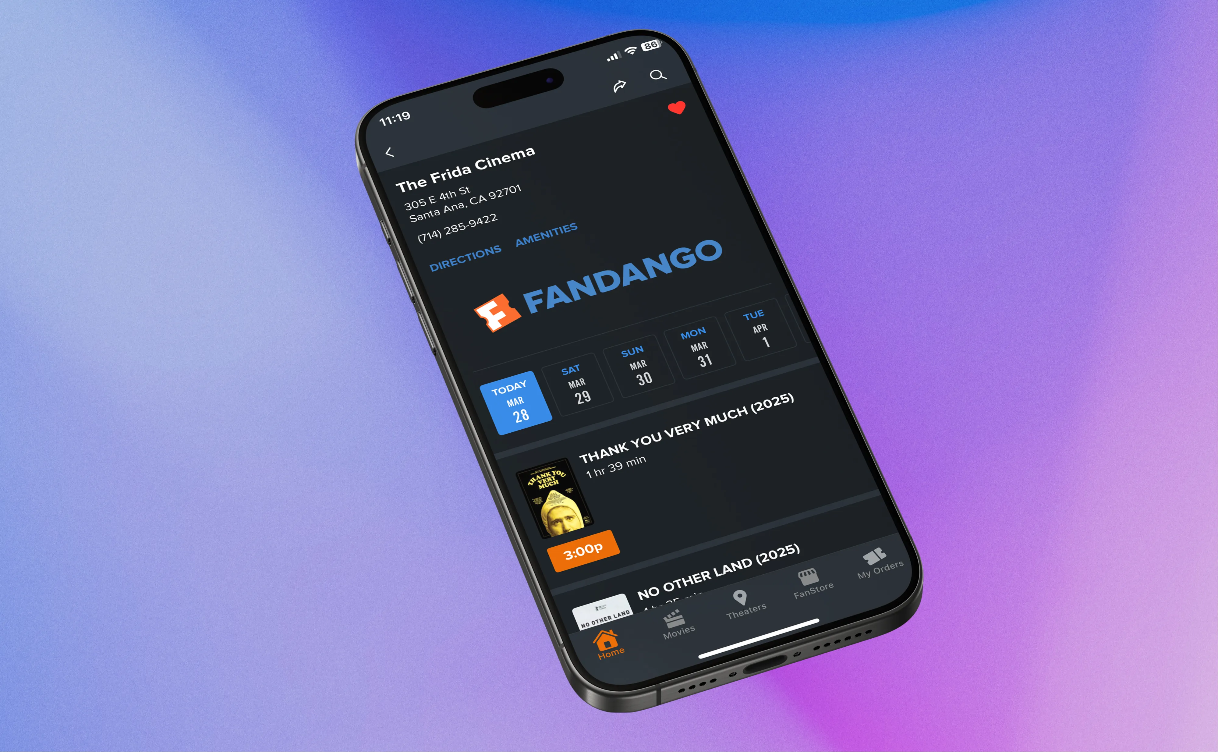 A black phone shows the Fandango app and showtimes associated with The Frida Cinema.