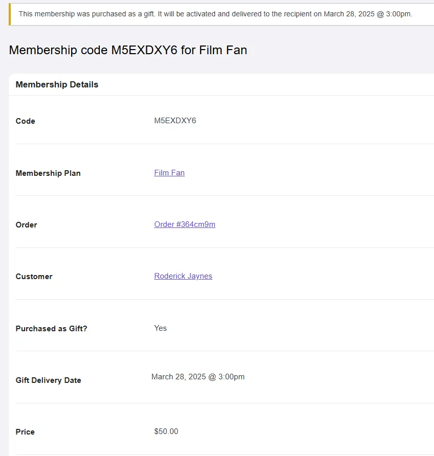 Example of membership with pending gift delivery date