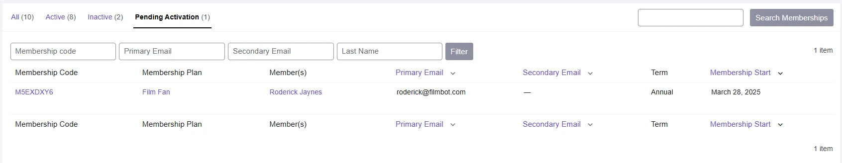 Example of member pending activation