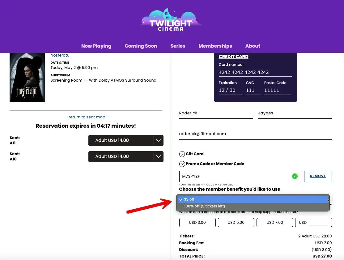 Screenshot of web checkout showing dropdown menu for selecting member benefit Screenshot of web checkout showing dropdown menu for selecting member benefit