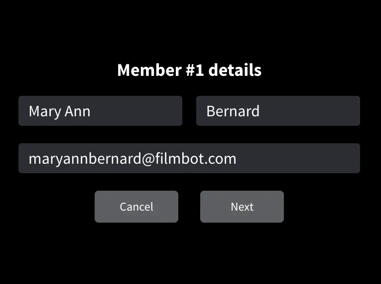 Screen featuring fields for First Name, Last Name and Email Address with a Member #1 heading Screen featuring fields for First Name, Last Name and Email Address with a Member #1 heading