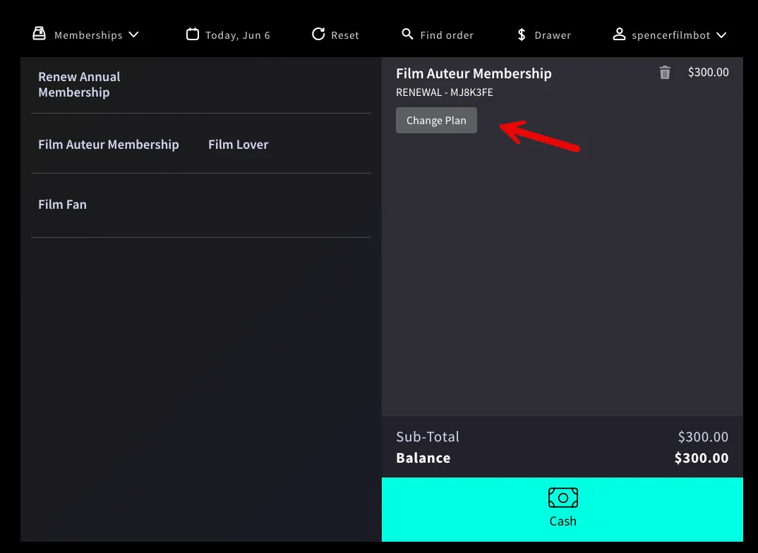 Screenshot of Box Office App emphasizing the Change Plan button that appears as an option when renewing a membership