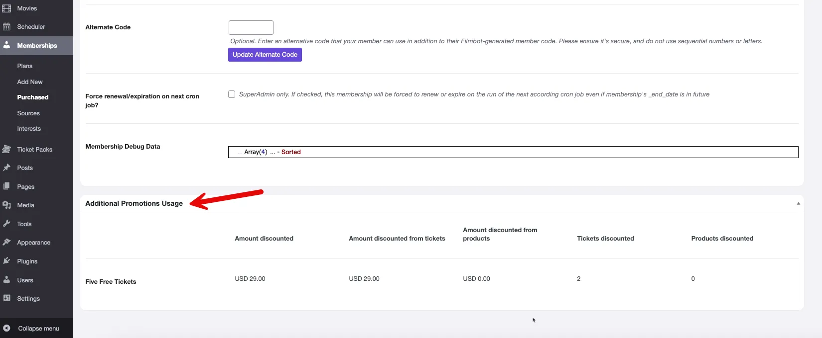 Screenshot of Membership Details page showcasing Additional Promotions Usage section Screenshot of Membership Details page showcasing Additional Promotions Usage section