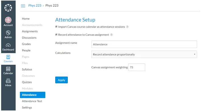 Attendance Setup with 'Record attendance to Canvas assignment' selected Attendance Setup with 'Record attendance to Canvas assignment' selected