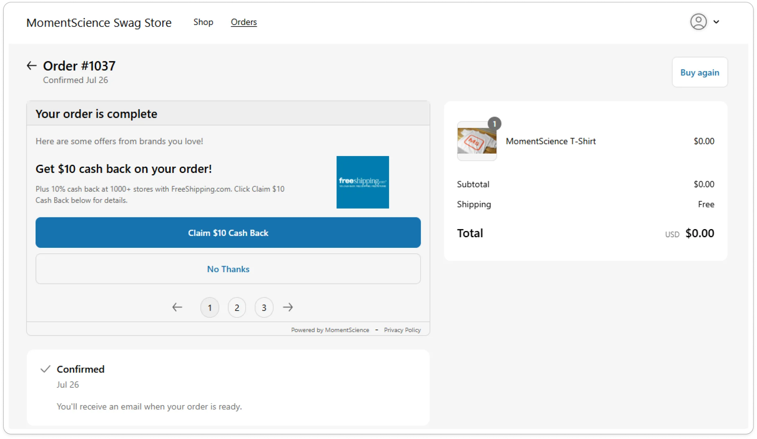 Example Offers on Order Status Page.