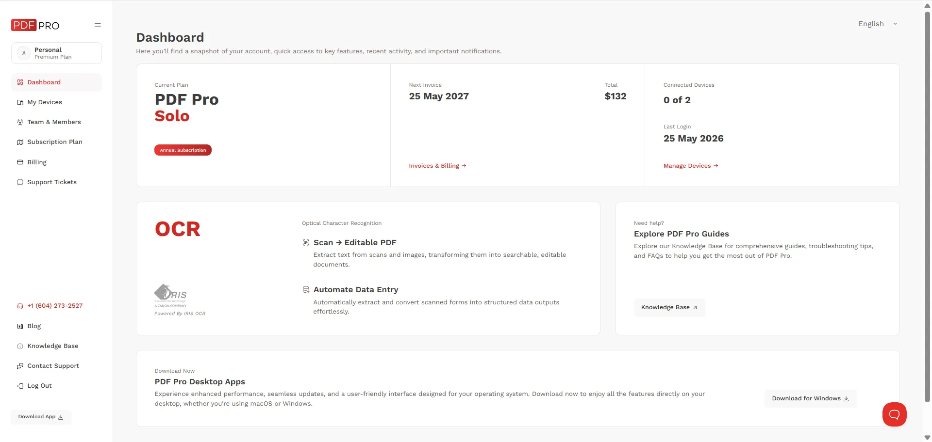 The paid subscription dashboard