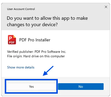 Select Yes to allow the installation