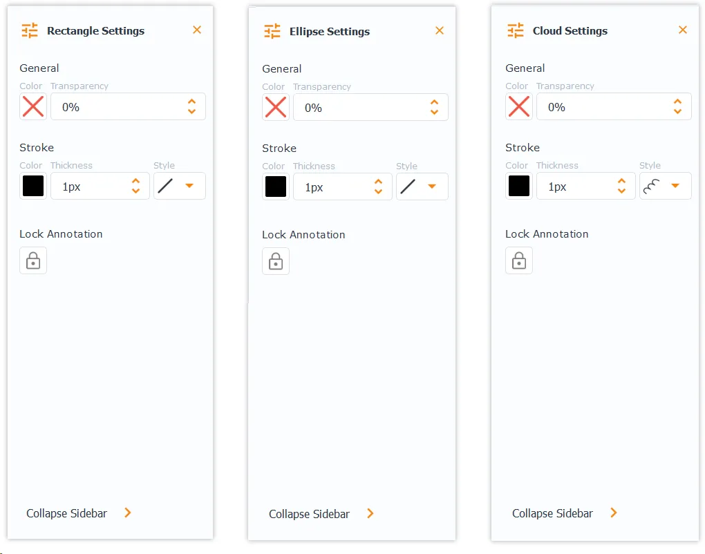 Rectangle, Ellipse and Cloud panels
