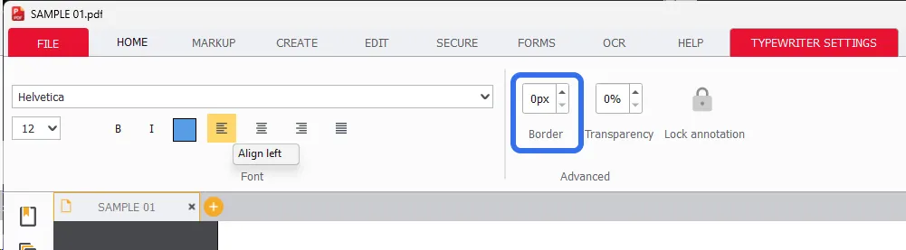 Border setting made BEFORE text entered