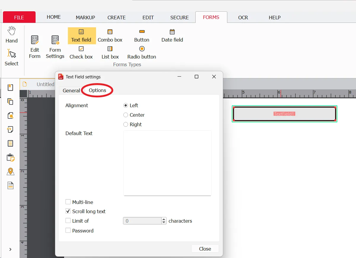 Text Field Option Settings Text Field Option Settings