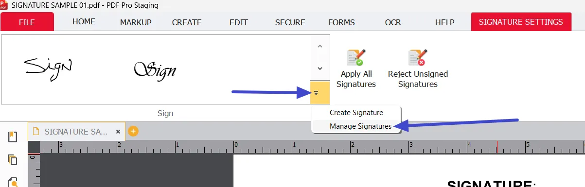 Manage Signatures menu choice Manage Signatures menu choice