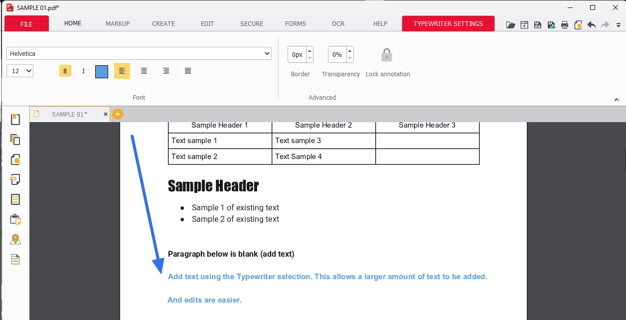 Click the desired location and begin typing