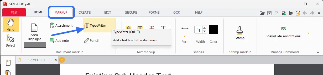 Select Typewriter as shown - MARKUP 