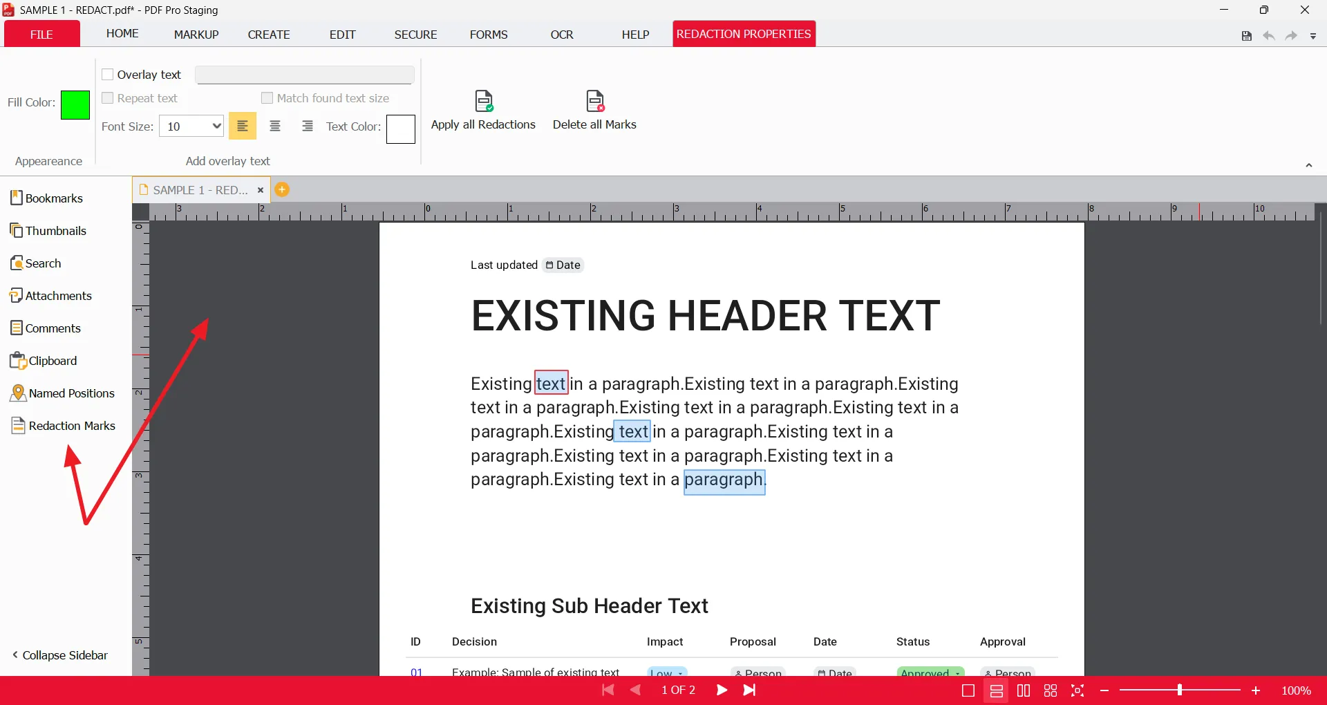 Redactions Marks menu not selected Redactions Marks menu not selected