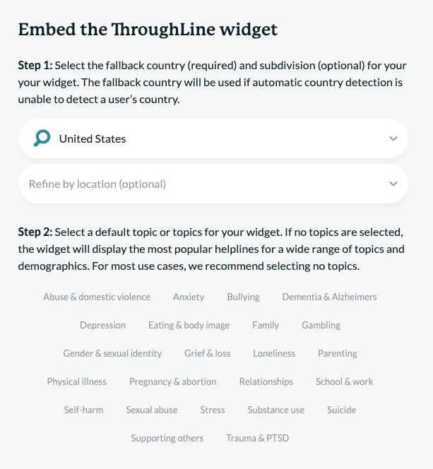 ThroughLine widge embed page parameters
