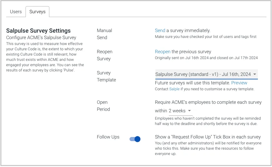 Salpulse culture survey settings screen