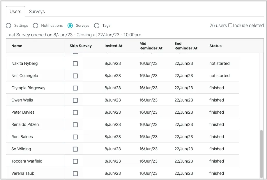 Monitoring individual user responses during a Salpulse culture survey
