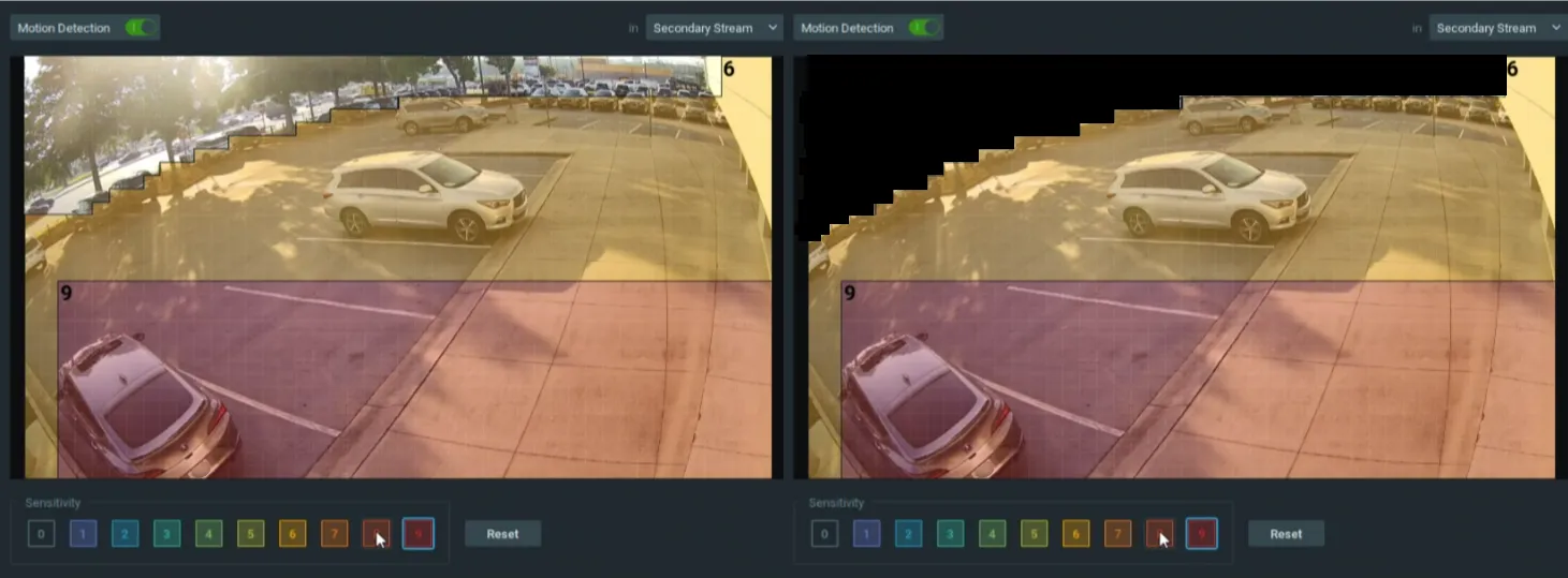 Region of interest (both) and black mask (right) used in a motion detection setup