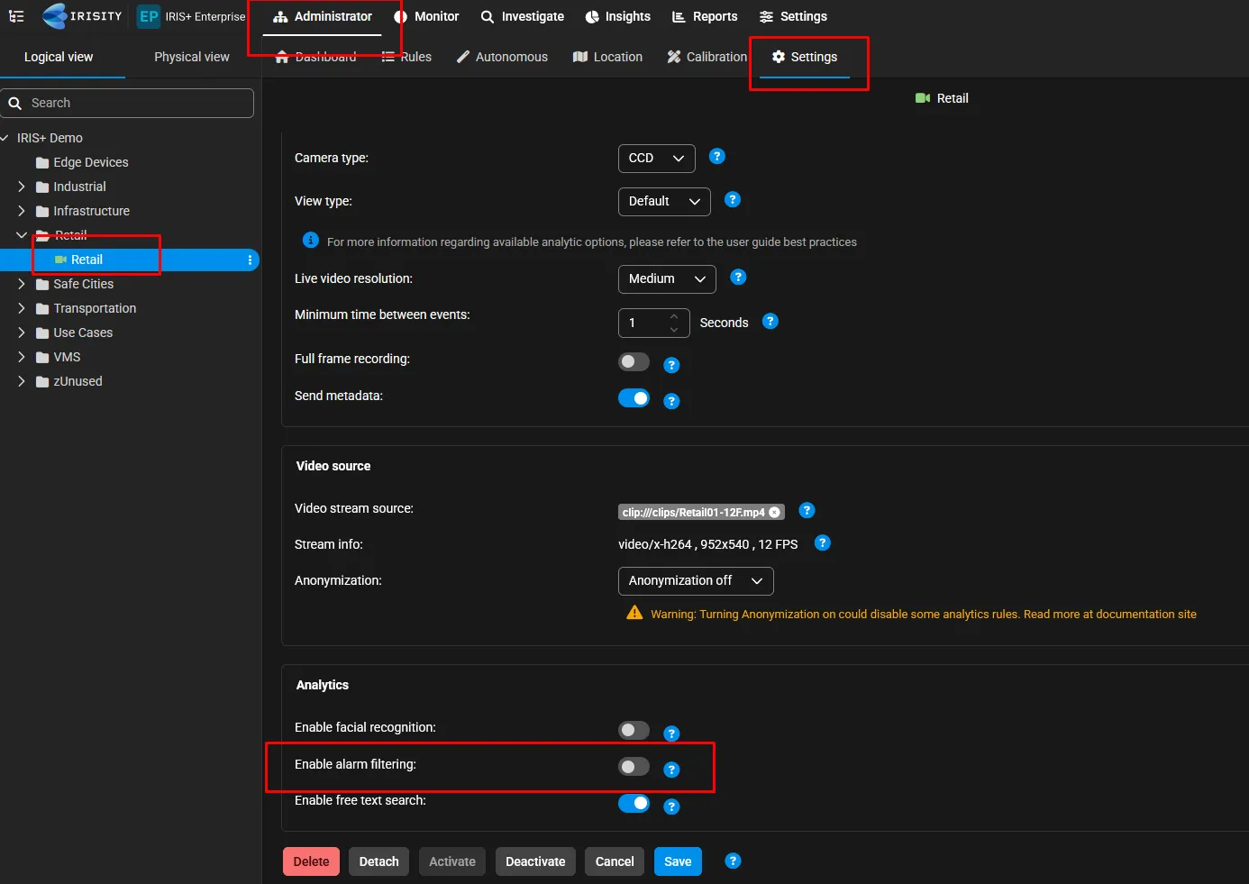 Administrator › Settings for a camera, with Enable alarm filtering under Analytics.