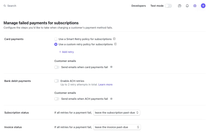 Typical Subscription Failed Payments Settings