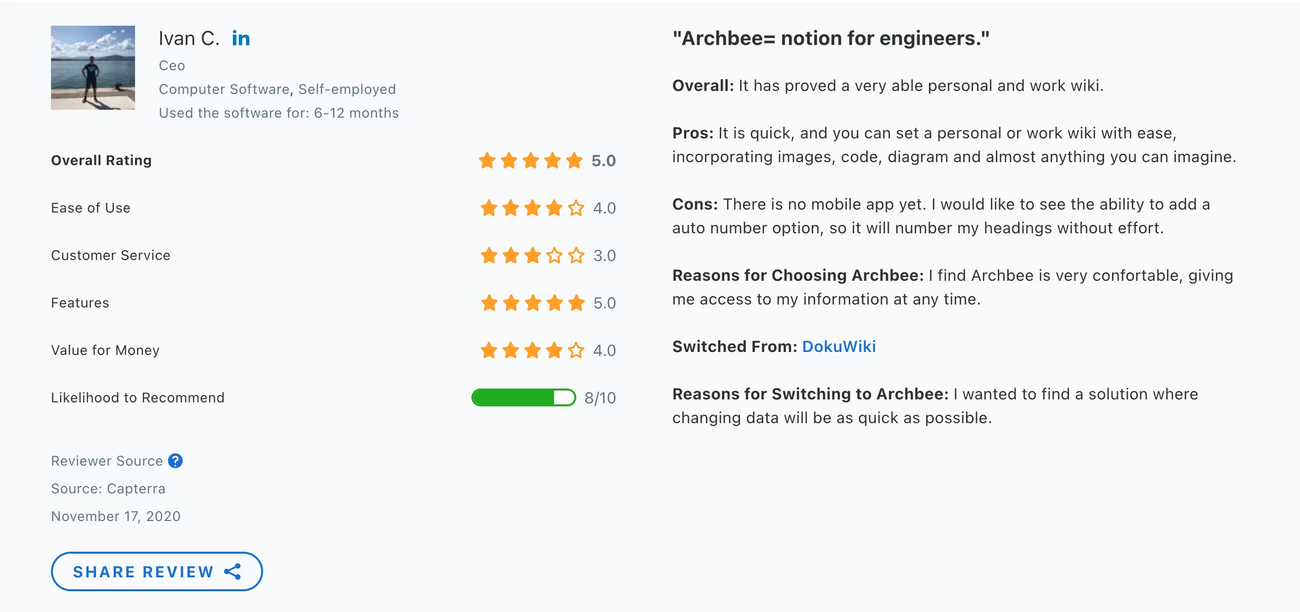 Capterra.com review for Archbee Capterra.com review for Archbee