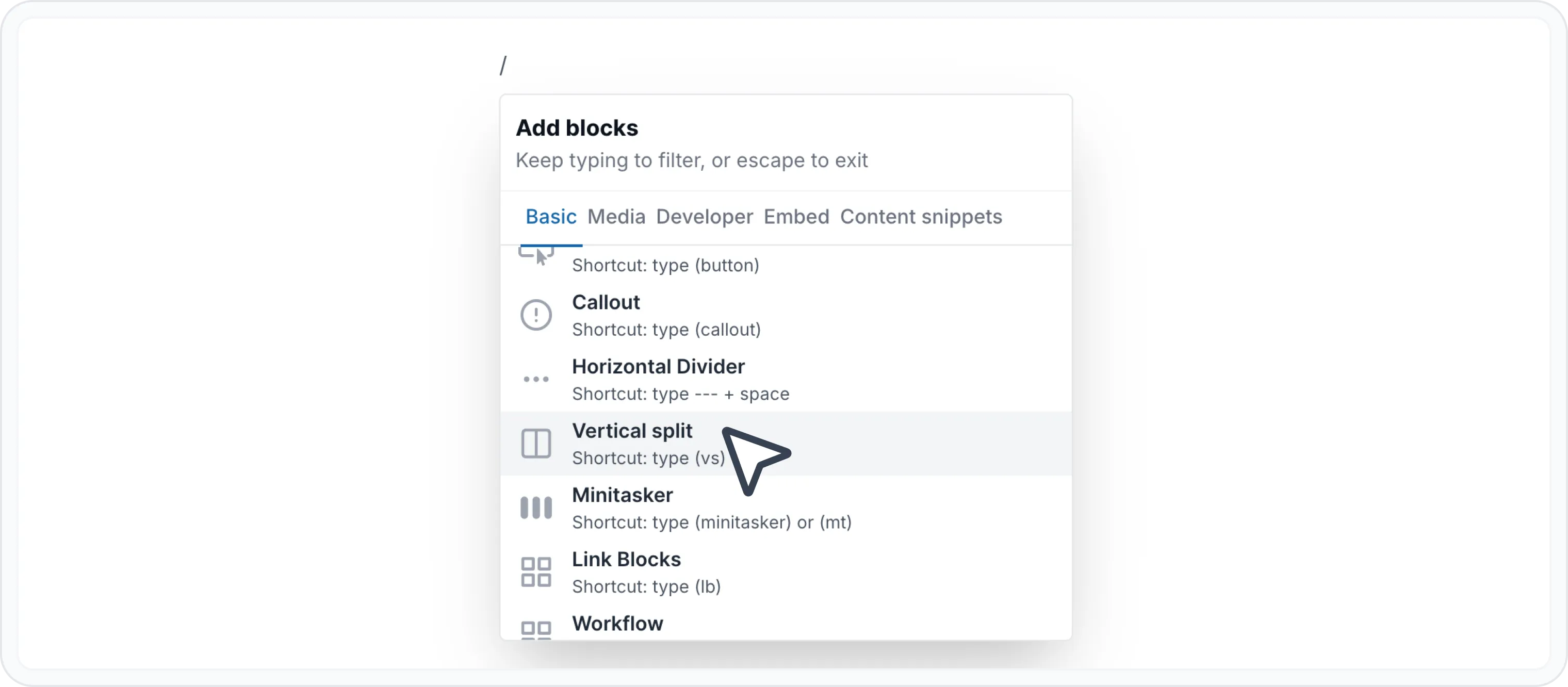 Add Vertical Split block Add Vertical Split block