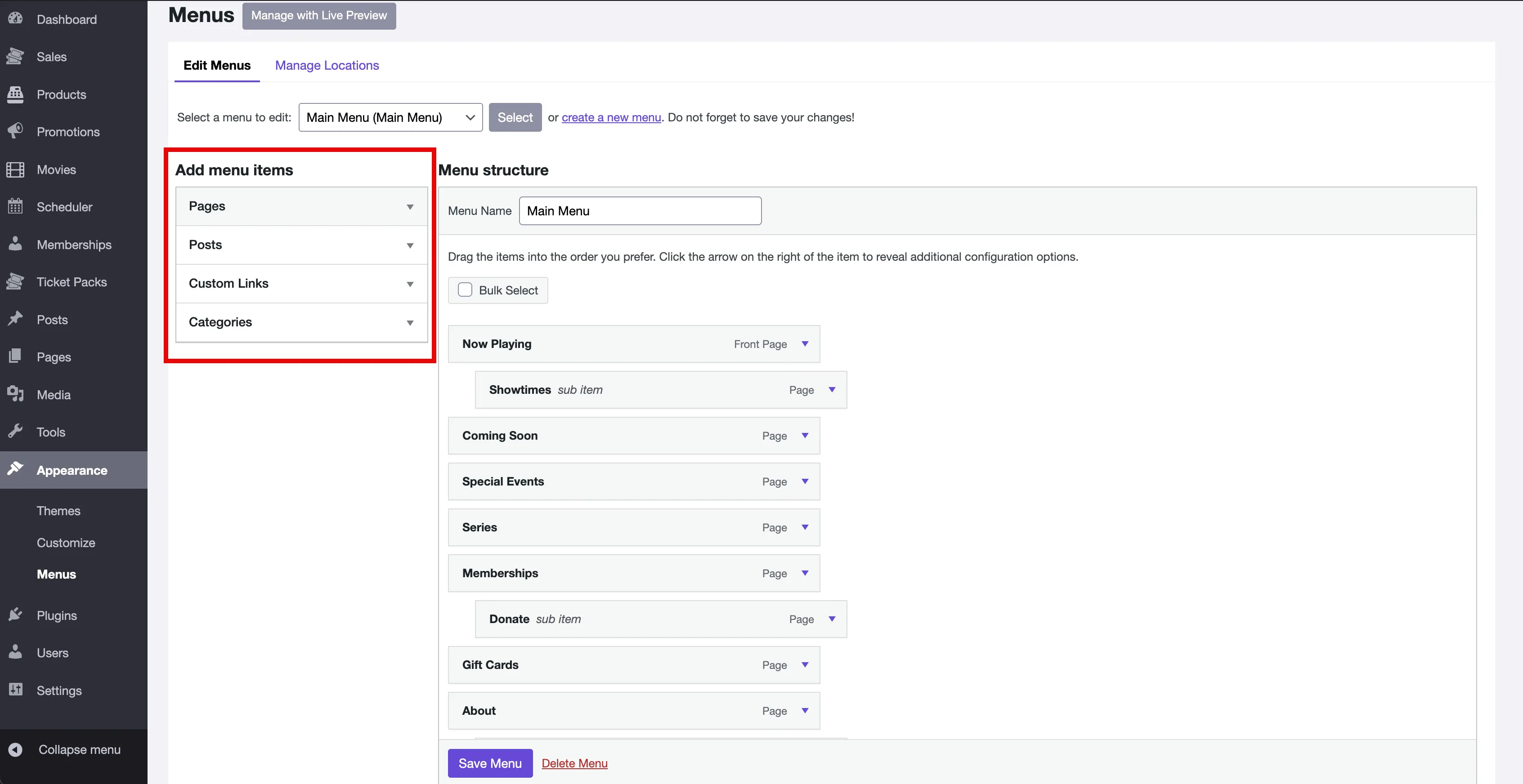 A red square emphasizes four sections below the Add menu items heading.  The sections are titled Pages, Posts, Custom Links and Categories.