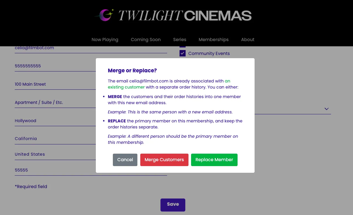 Screenshot of the "Merge or Replace?" pop-up on the Update page. Features three buttons to Cancel (gray), Merge Customers (red) or Replace Member (green). Screenshot of the "Merge or Replace?" pop-up on the Update page. Features three buttons to Cancel (gray), Merge Customers (red) or Replace Member (green).