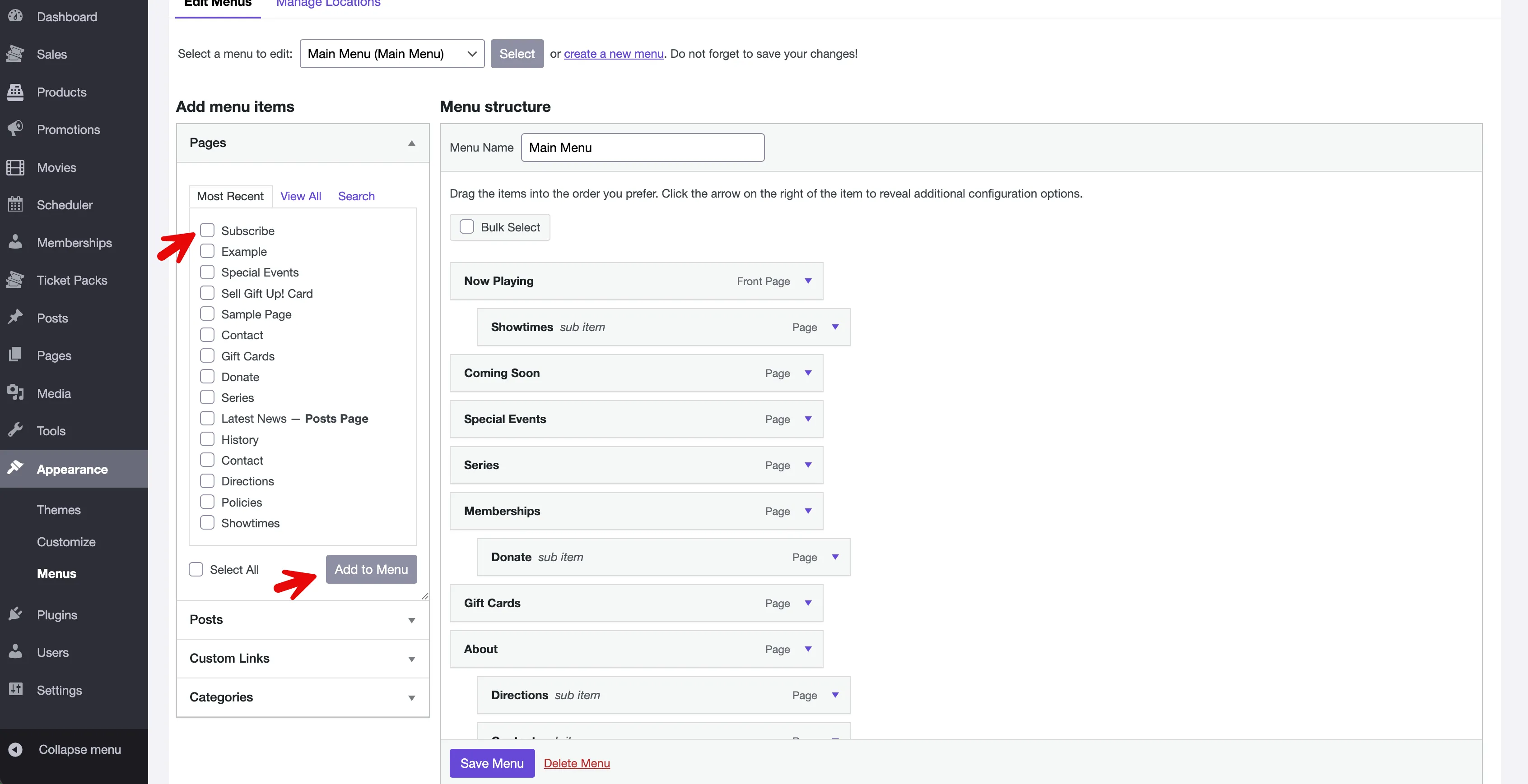 Red arrows emphasize the check box to the left of the page titles in the Pages section and the Add to Menu button in the same section.