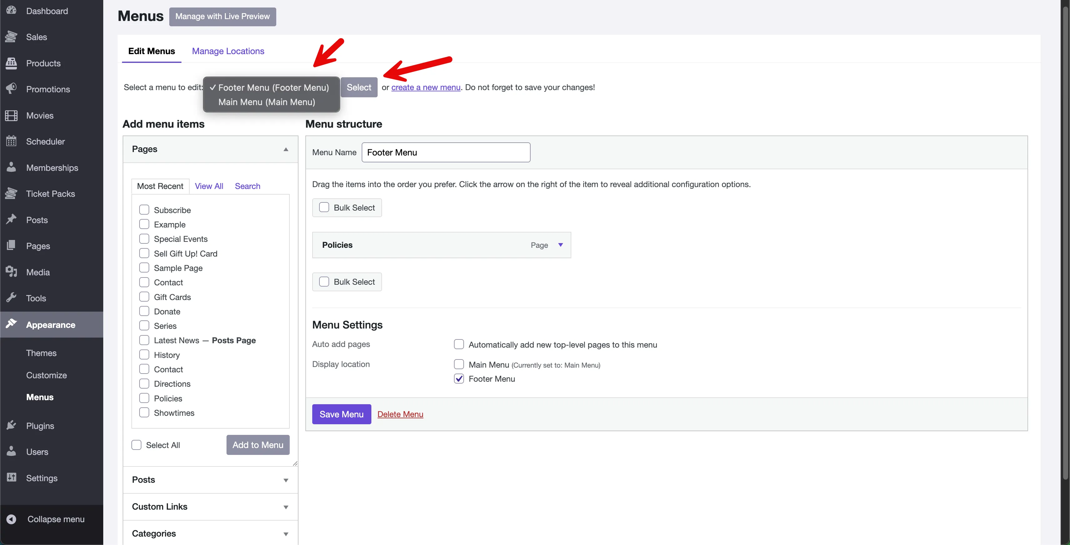 Two red arrows emphasizing the "Select a menu to edit" dropdown menu and the associated "Select" button