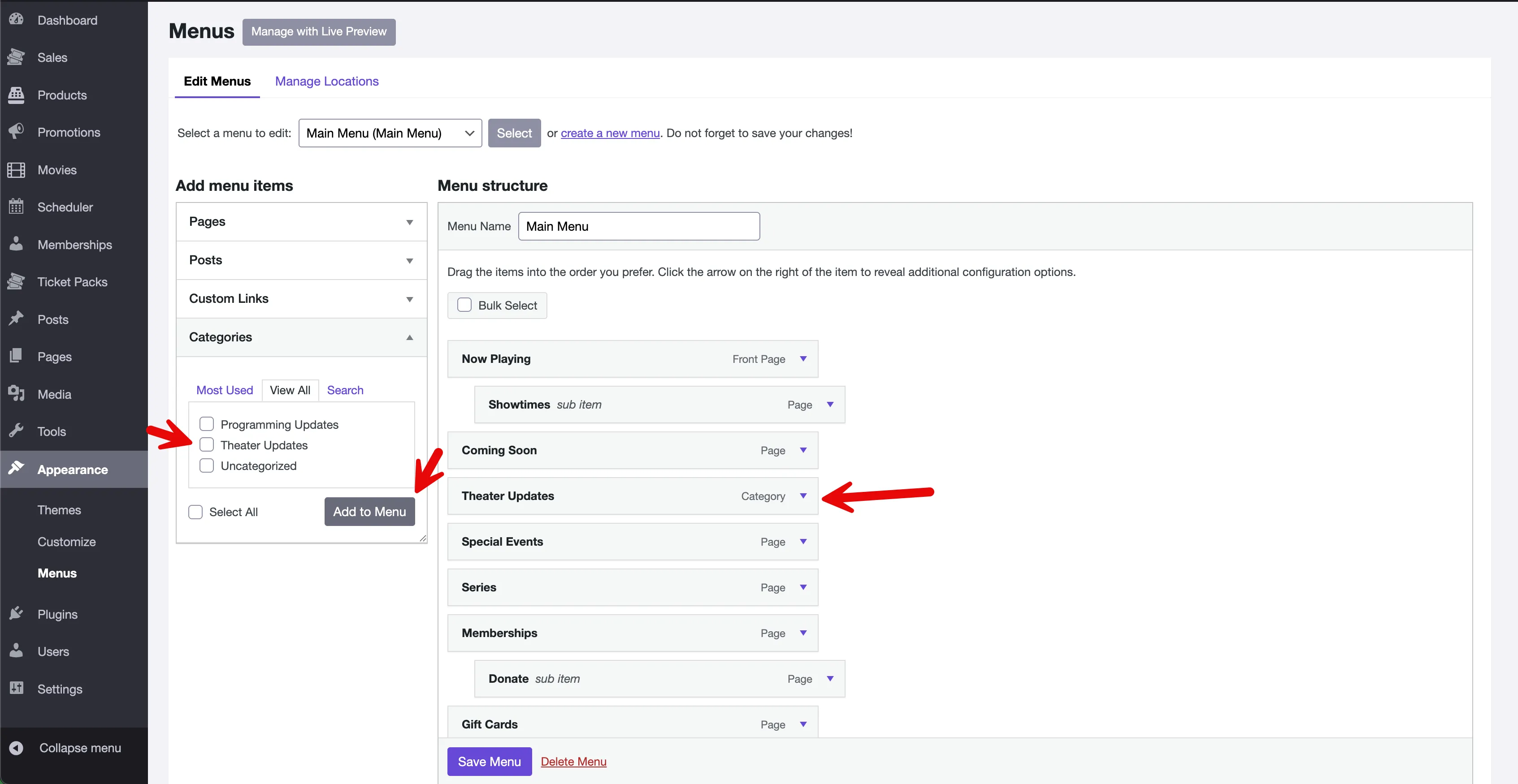 Red arrows emphasize check boxes to the left of category titles in the Categories section, the Add to Menu button and a category itme in the Menu structure panel.