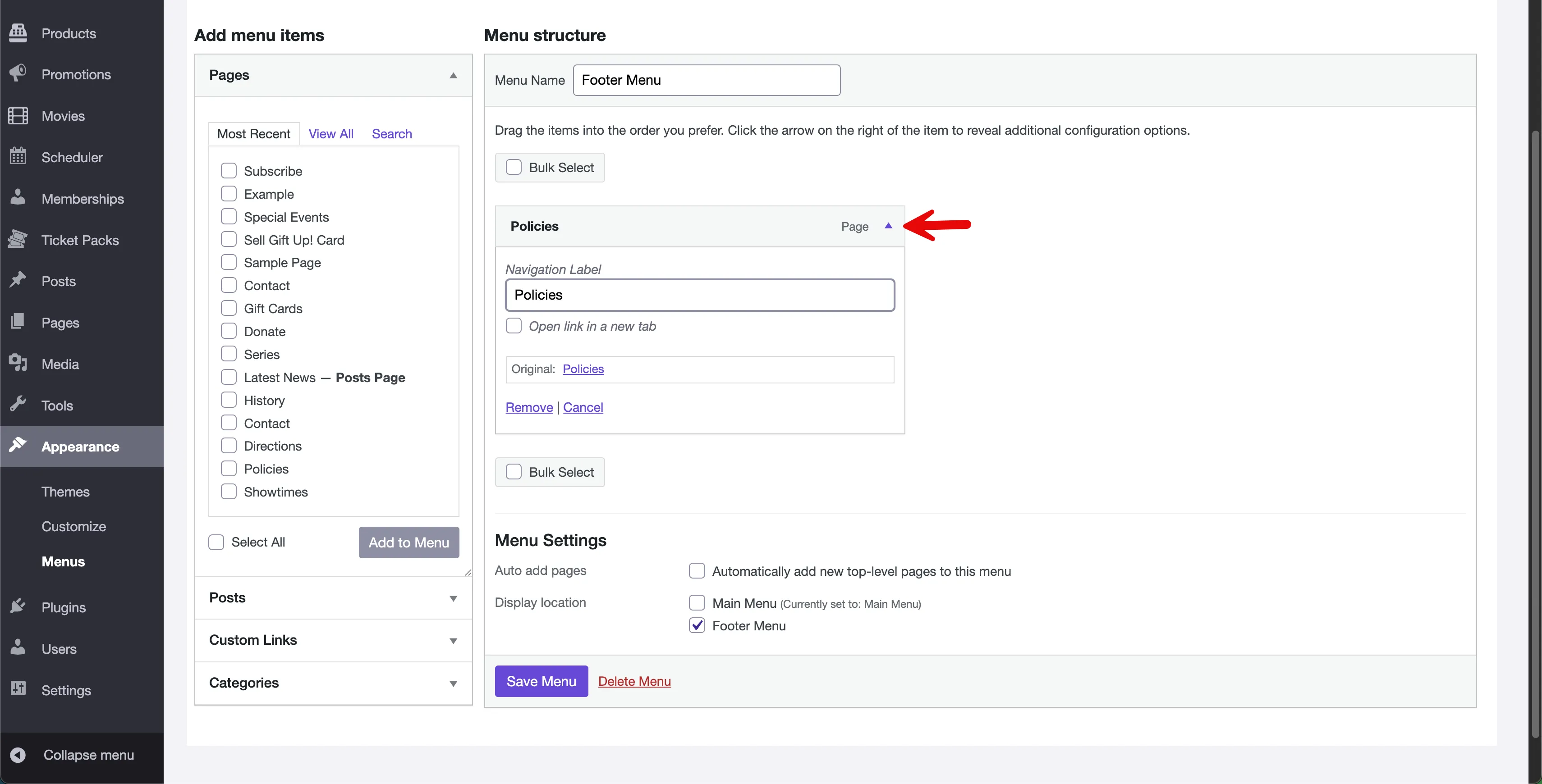 A red arrow emphasizes an arrow on a menu item that allows the user to expand the item for more options.