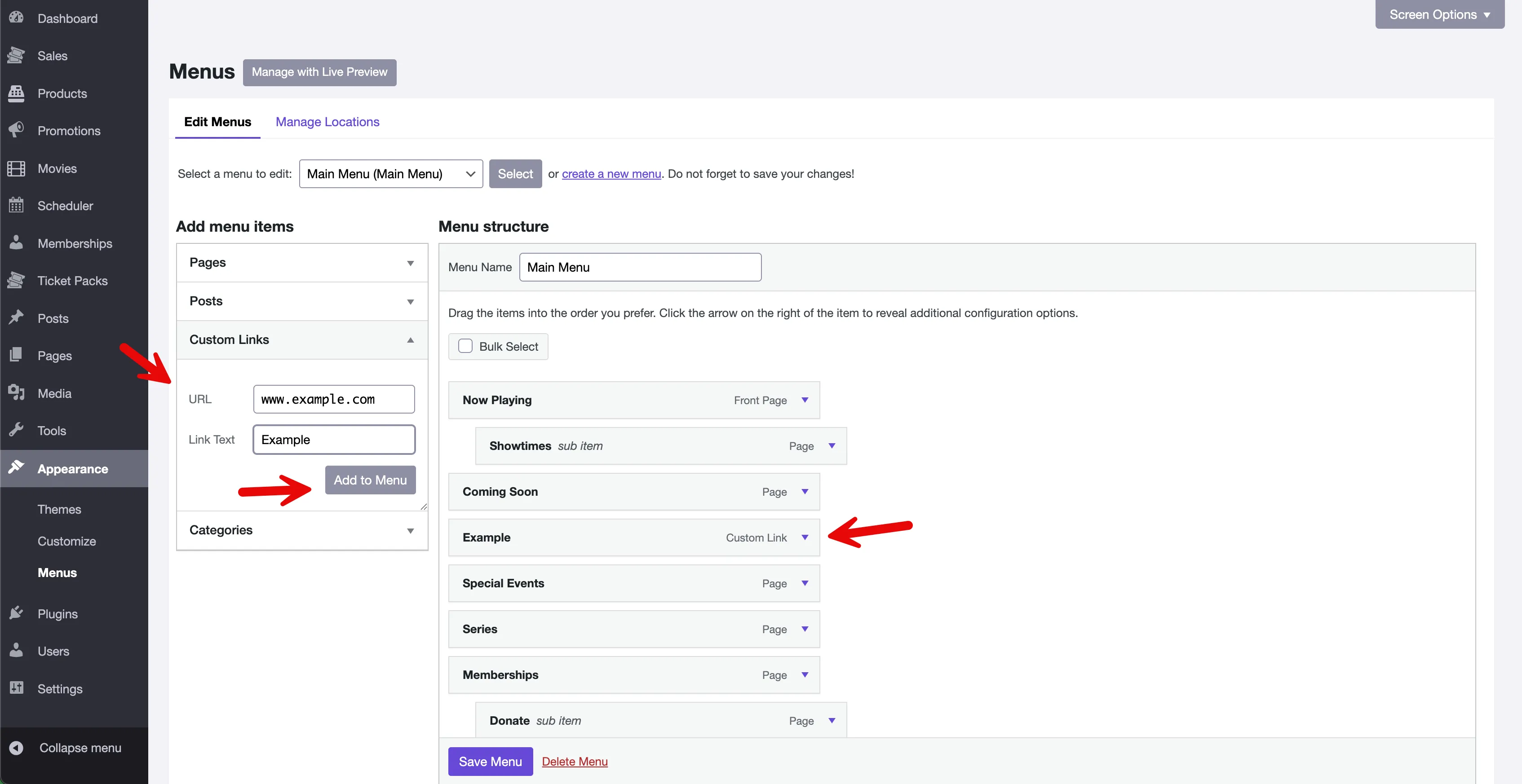 Red arrows emphasize the URL field in the Custom Links section, the Add to Menu button and Custom Link item in the Menu structure panel.