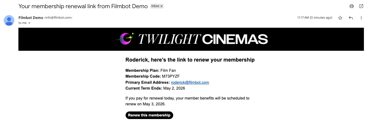 Screenshot of renewal link request email in Gmail desktop, featuring a banner for Twilight Cinemas and various details related to membership. Screenshot of renewal link request email in Gmail desktop, featuring a banner for Twilight Cinemas and various details related to membership.