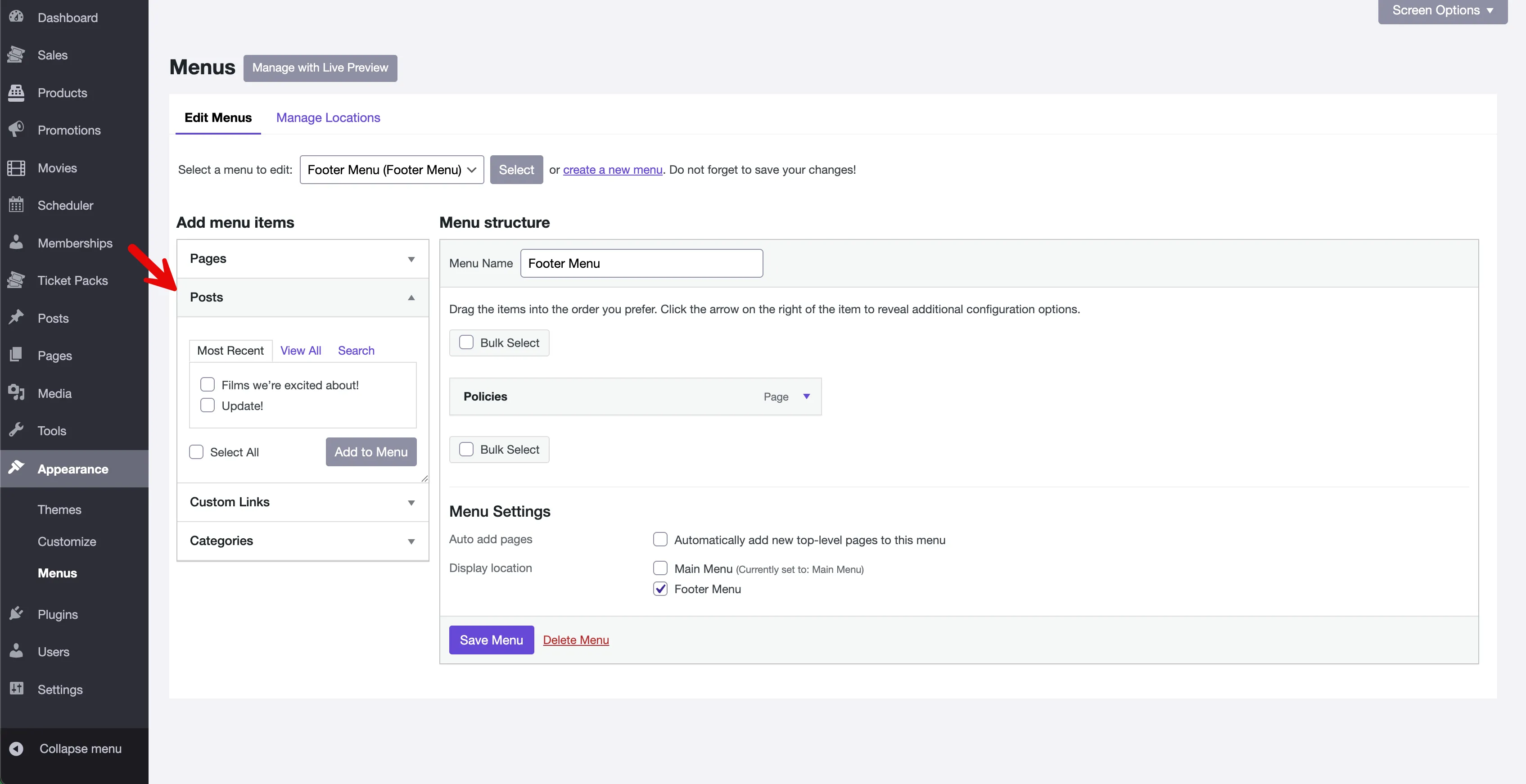 A red arrow emphasizes the Posts section in the Add menu items panel.