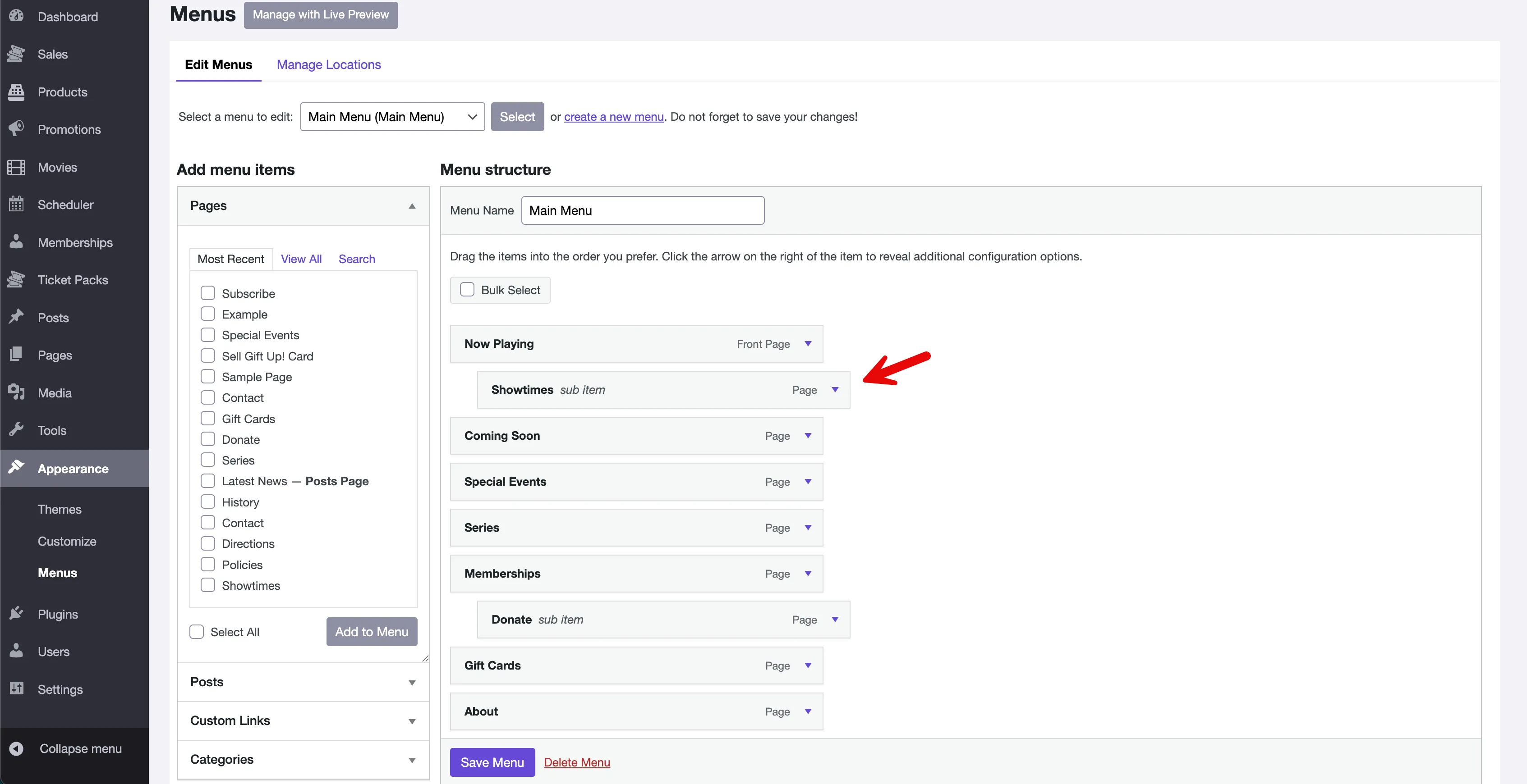 A red arrow emphasizes the placement of a sub item in the Menu structure panel.