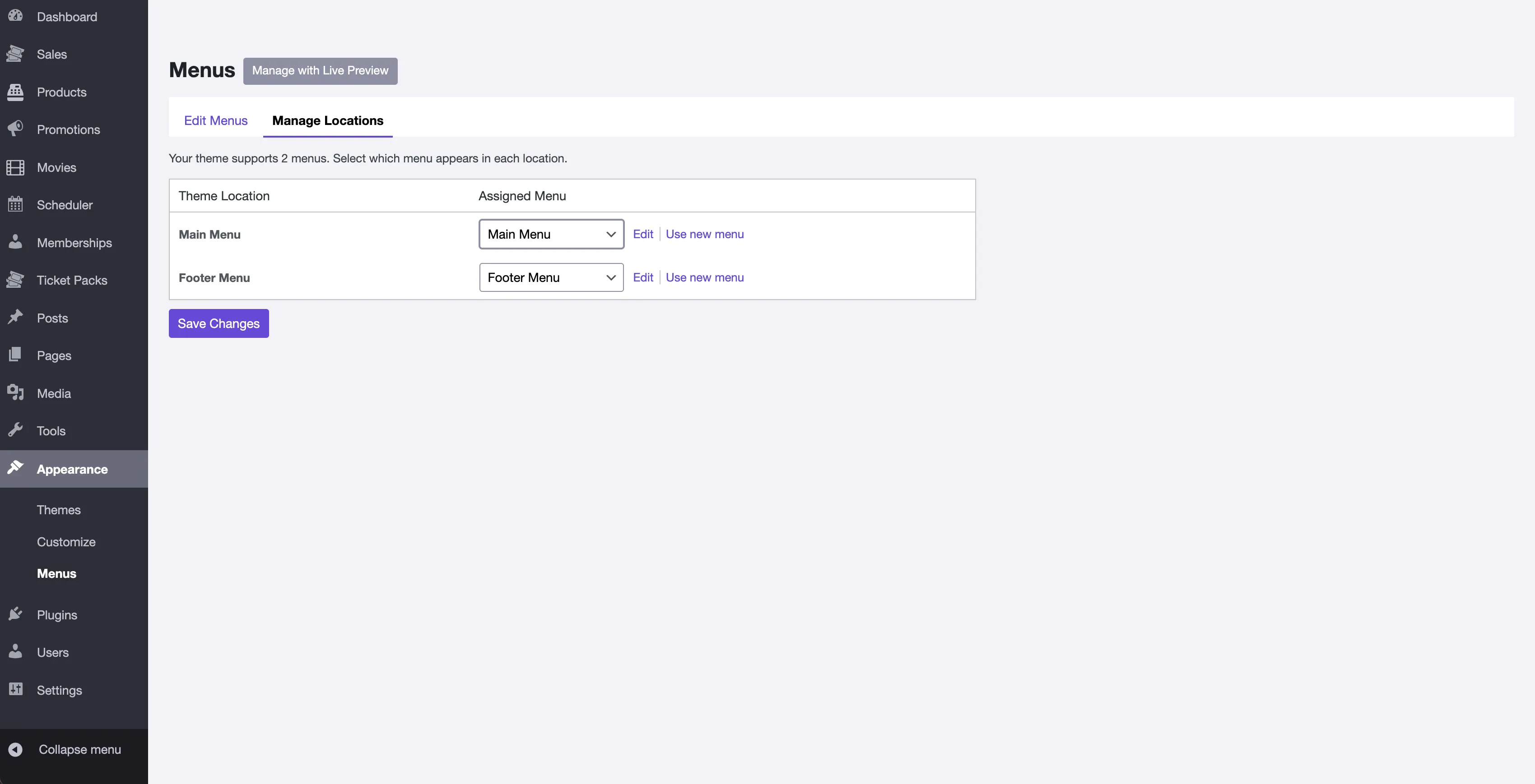 Screenshot of the Manage Locations tab in the Filmbot admin.