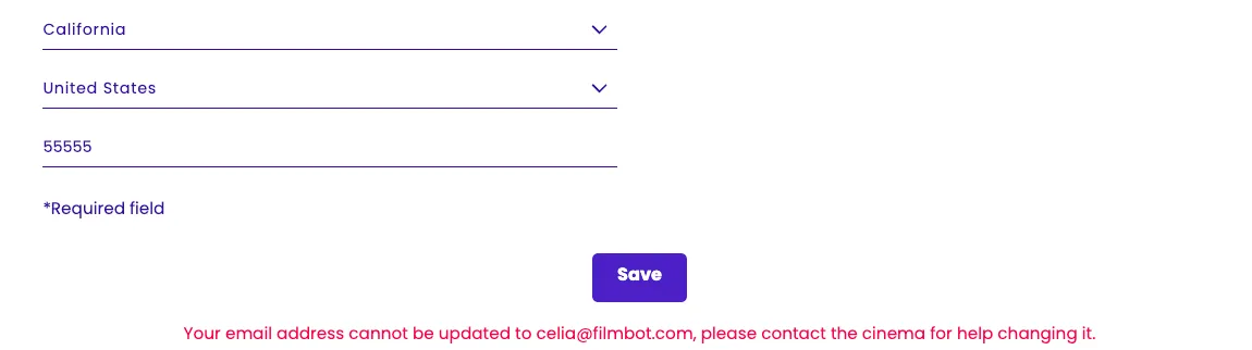 A screenshot of the update member page in Filmbot, with a red warning message below a purple button that says Save. A screenshot of the update member page in Filmbot, with a red warning message below a purple button that says Save.