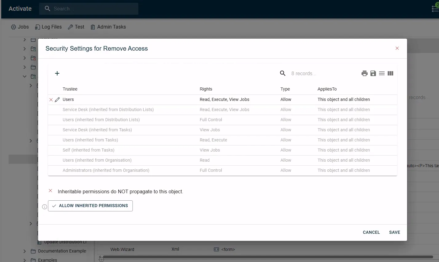 Permissions configuration on an Activate task Permissions configuration on an Activate task