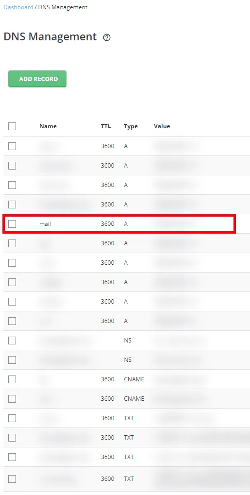 DNS management in control panel