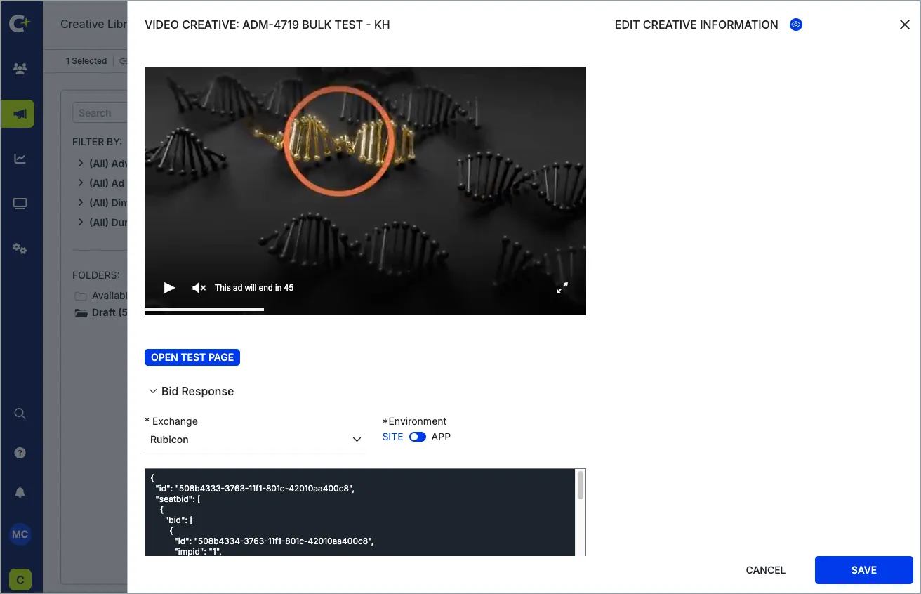 Panneau de prévisualisation et de test des créations publicitaires
